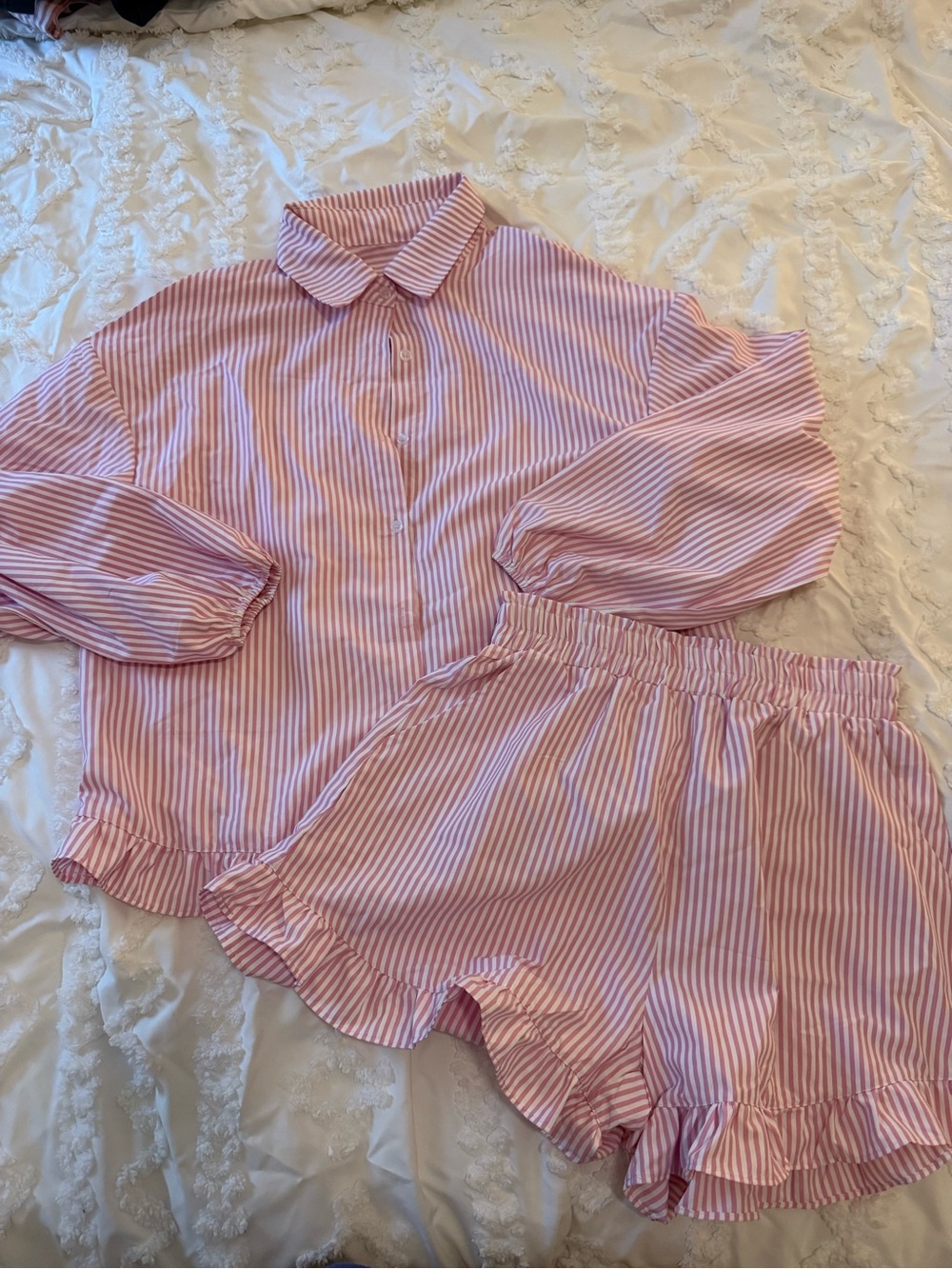 Striped Pink Button-Up Set with Ruffle Shorts